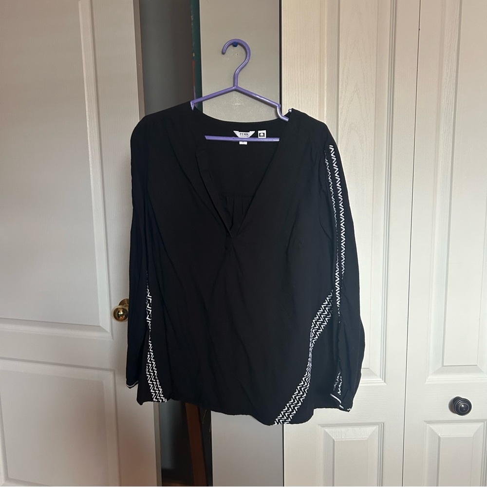 Penningtons Black Blouse with White Embroidery